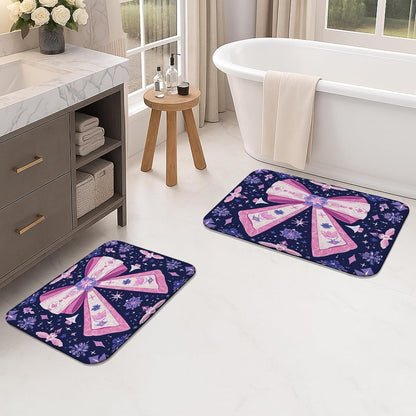Bow Pattern Quick Dry Bath Mat, Elegant Peach Floral Non Slip Shower Mat, Seasonal Memory Foam Washable Bath Rugs for Bathroom Toilet Restroom Decorative 20x32 Inch