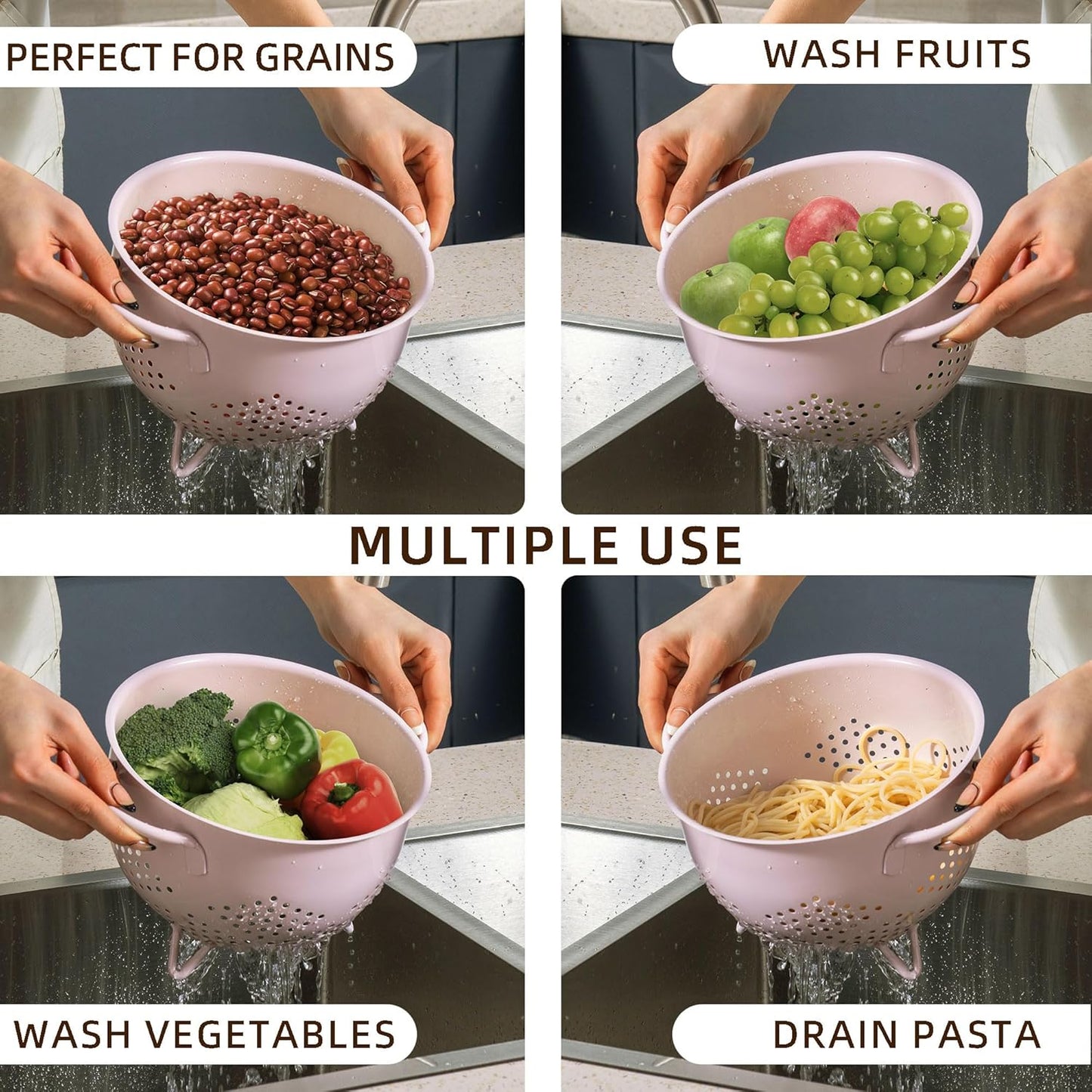Metal Colander 5 Quart Powder Coated Self-draining Metal Strainer with Base,Kitchen Pasta Fruit Vegetable Basket with Double Handles (Pink)