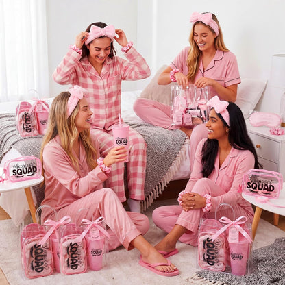 6 Sets/55 Pcs Sleepover Party Supplies Slumber Spa Parties Kit for Pink Sleepover Girls Birthday Party Favor Cup Headband Slipper Eye Mask Scrunchies Hair Claw Bag Cosmetic Bag Card for Girl