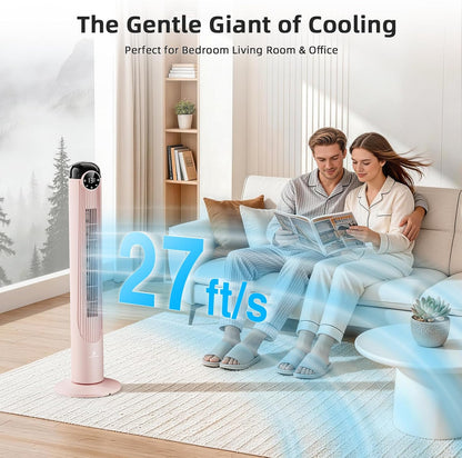 Antarctic Star T42 Tower Fan-42 Inch, Bladeless Oscillating Fan with Remote, 6 Speeds & 4 Modes, LED Display, 9H Timer, Quiet Floor Standing Fan for Bedroom Living Room Office, Pink