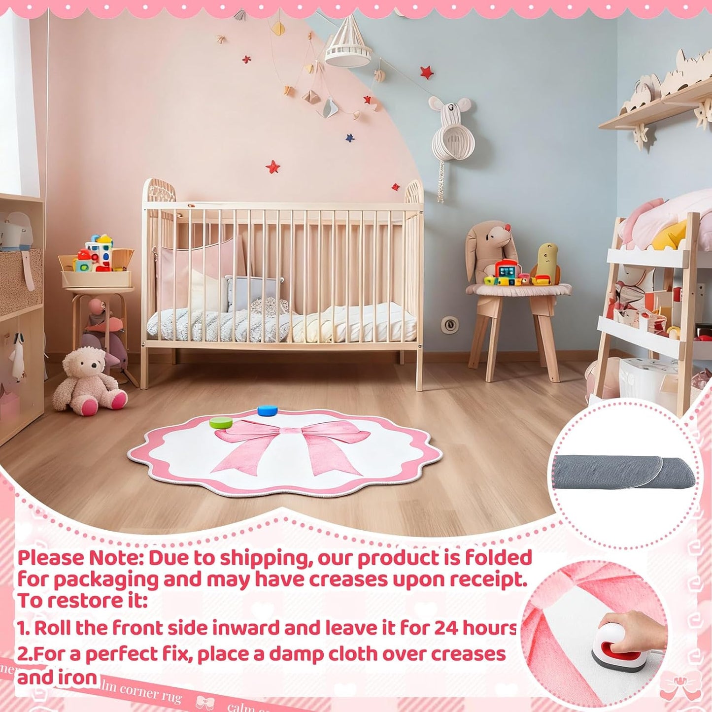 Pink Bow Round Decorative Rug, 4 Ft TPR Circle Accent Mat for Girls' Rooms, Non-Slip Washable Floor Mat for Nursery, Playroom & Bedroom Decor