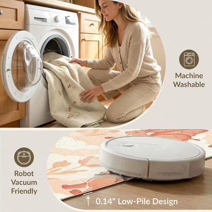 6'x9' Washable Kawaii Floral Area Rug, Peach Foldable Non-Slip Large Carpet Foldable Easy Care Carpet for Queen Size Bedroom, Under Bed, Master Bedroom | Ref:1969583
