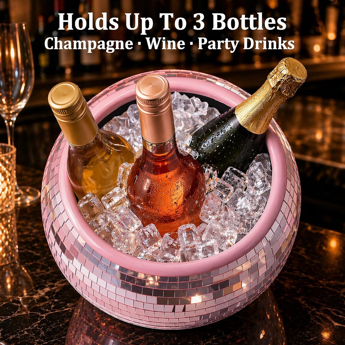 Pink Disco Ball Ice Bucket, Dual Layer Leakproof Mirrored Champagne Bucket Holds 3 Bottles with Ice, Real Glass Mosaic Party Decor for Bachelorette, Girls Night, Birthday, Centerpiece Indoor Outdoor