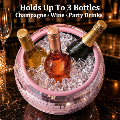 Pink Disco Ball Ice Bucket, Dual Layer Leakproof Mirrored Champagne Bucket Holds 3 Bottles with Ice, Real Glass Mosaic Party Decor for Bachelorette, Girls Night, Birthday, Centerpiece Indoor Outdoor