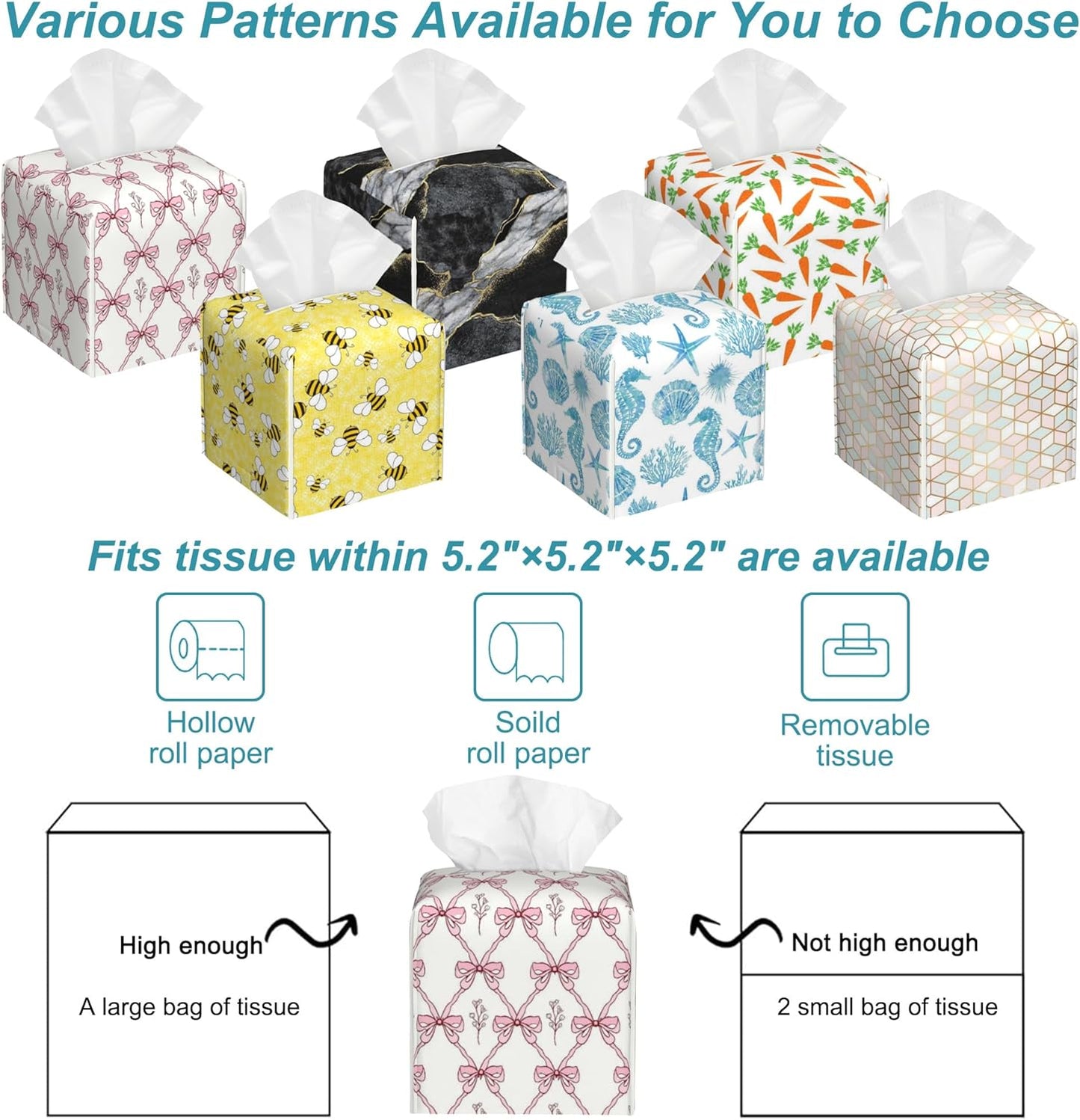 Vintage Retro Pink Ribbon Tissue Box Cover Square,Leather Tissue Holder,Waterproof Leather Facial Paper Organizer Tissue Box Cover for Home Office Bathroom Vanity Countertop,5.2" x 5.2" x 5.2"