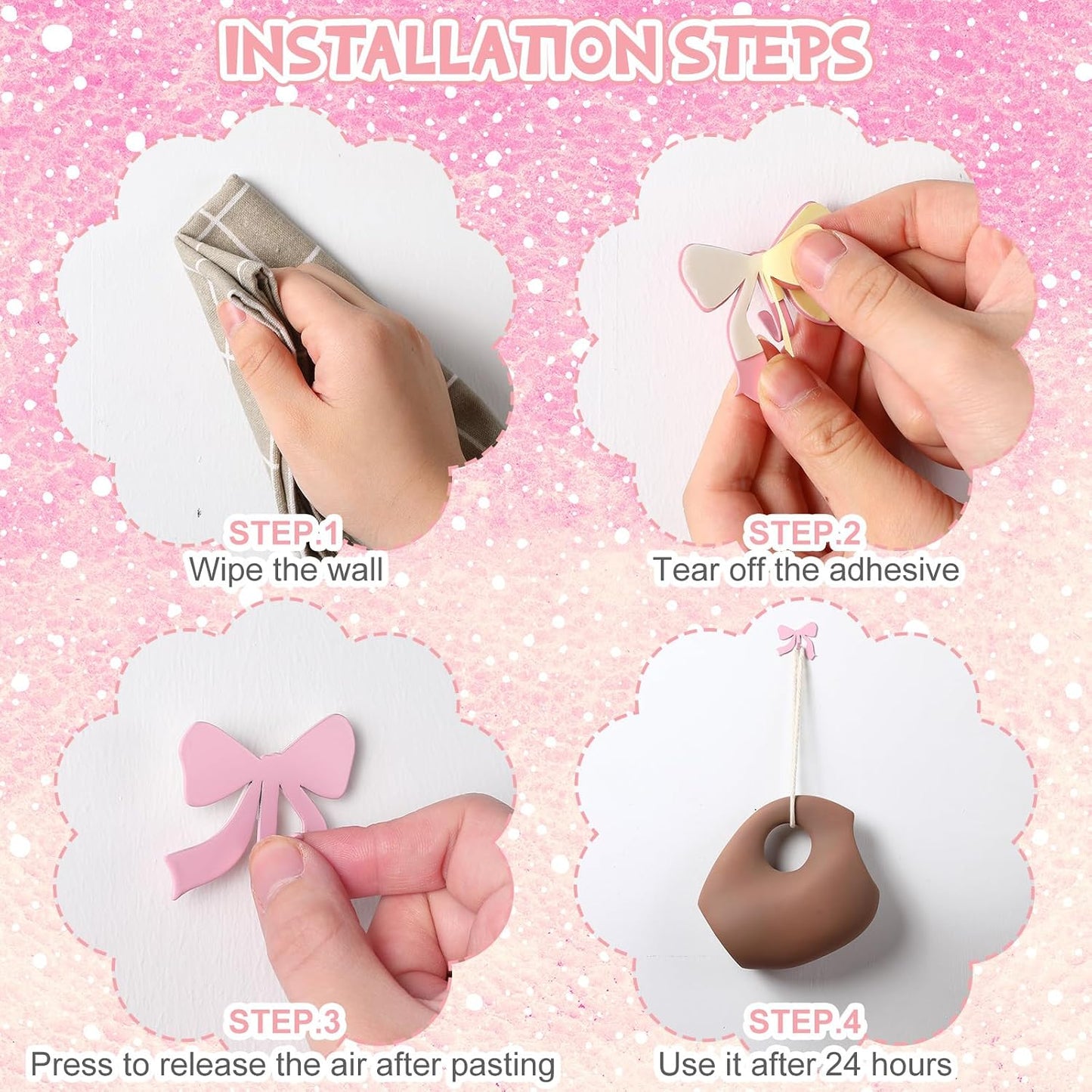 6 Pcs Pink Bow Decorative Wall Hooks Metal Strong Adhesive Wall Door Hanger Coquette Room Decor Cute Towel Coat Hooks Preppy Hanging Decor for Home Kitchen Bathroom Office