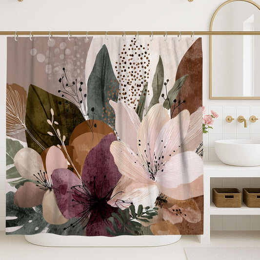 Flower Shower Curtain, Modern Abstract Leaf Circle Fall Muted Peach Washable with Hooks Toile Cloth Shower Curtains for Bathroom Bathtub Apartment Decor 62x72 Inch