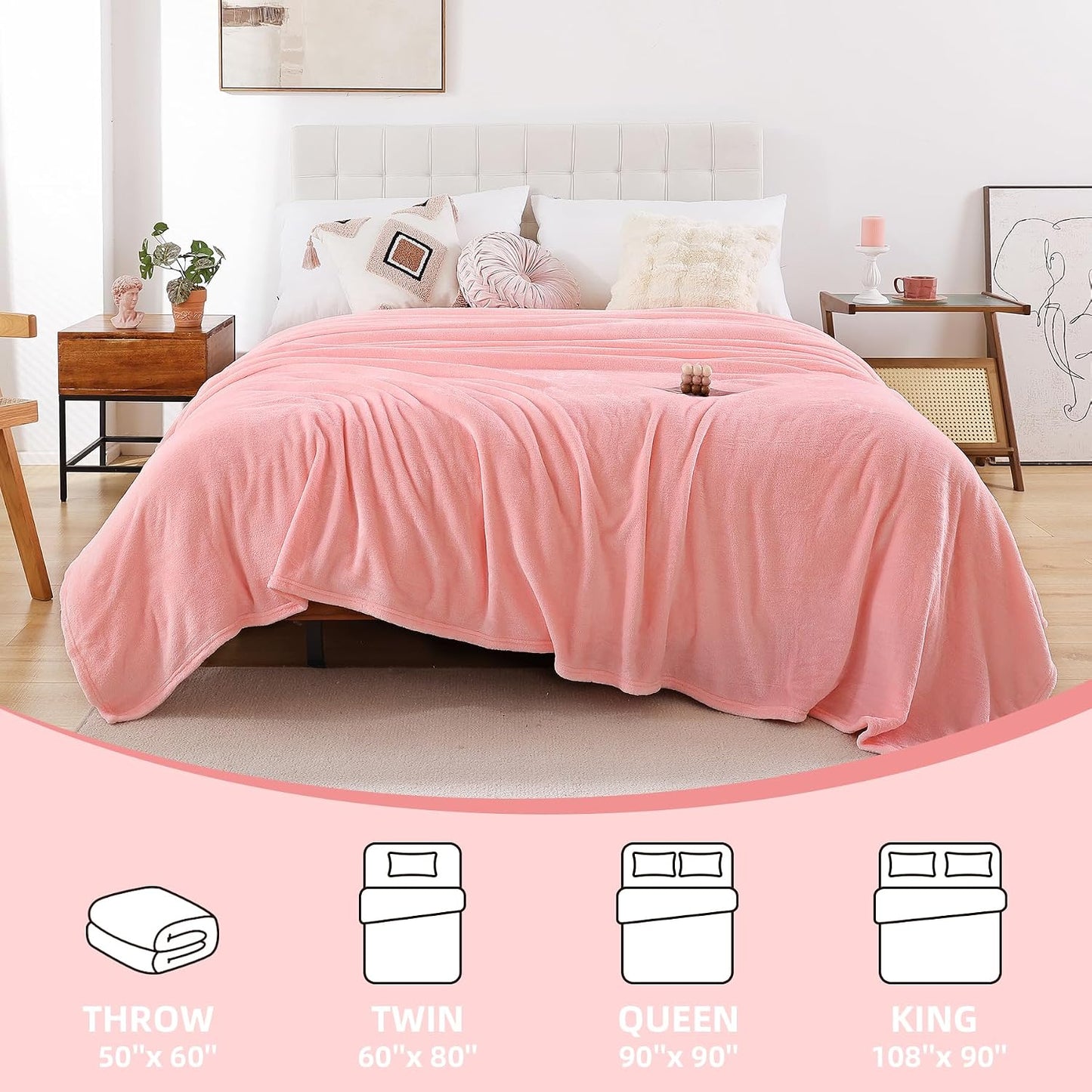 Pink Fleece Throw Blanket for Couch Chair Sofa, Soft Warm Fuzzy Cozy Blankets for Women Men, 300GSM Room Decor Flannel Microfiber Blankets for All Seasons, 50x60 Inches
