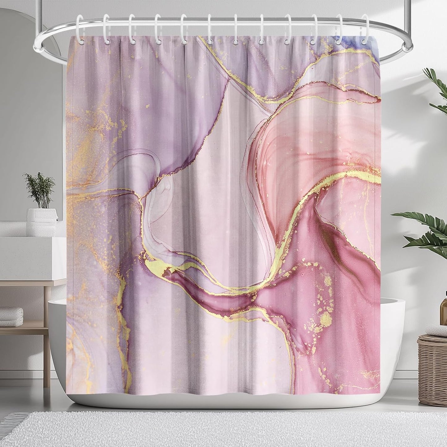 KAIRA Pink Marble Pattern Shower Curtain, 72" W x 72" L, Waterproof and Durable Polyester Fabric, Easy to Clean, Modern Aesthetic Ink Texture Shower Curtain Set with Hooks