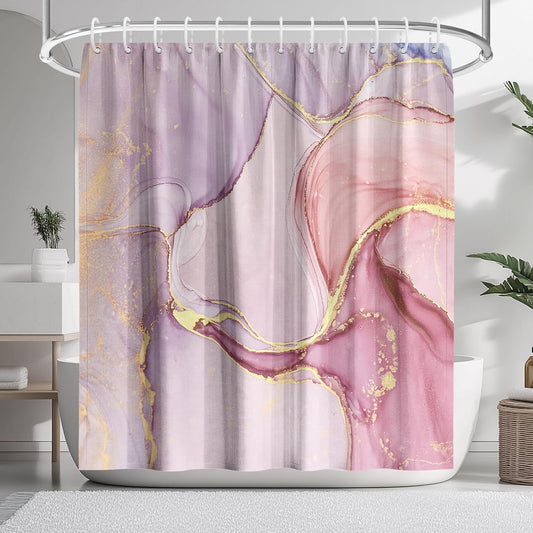 KAIRA Pink Marble Pattern Shower Curtain, 72" W x 72" L, Waterproof and Durable Polyester Fabric, Easy to Clean, Modern Aesthetic Ink Texture Shower Curtain Set with Hooks