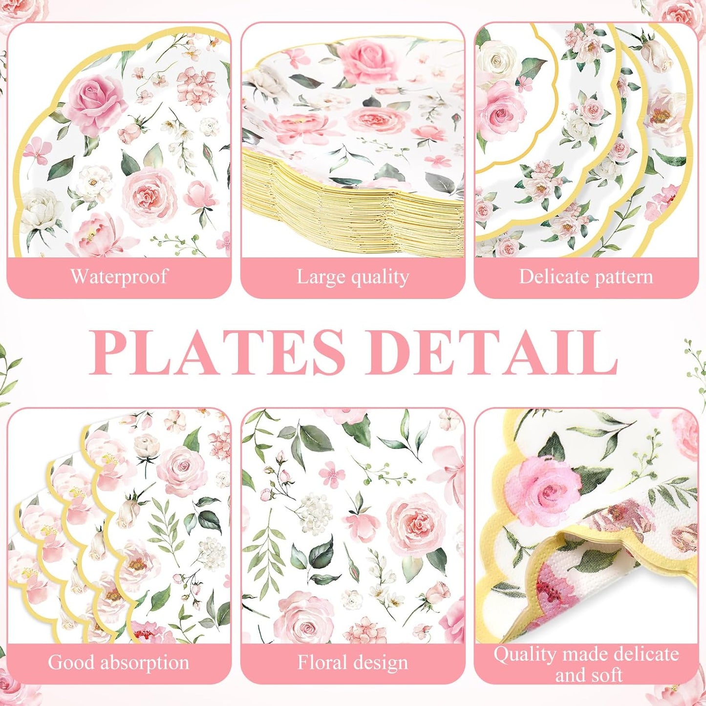 Funnymoom 250 Pcs Floral Party Decorations Flower Paper Plates Napkins and Cups Pink and Gold Floral Disposable Tableware Set for Bridal Shower Baby Shower Wedding Spring Tea Party Supplies, Serves 50