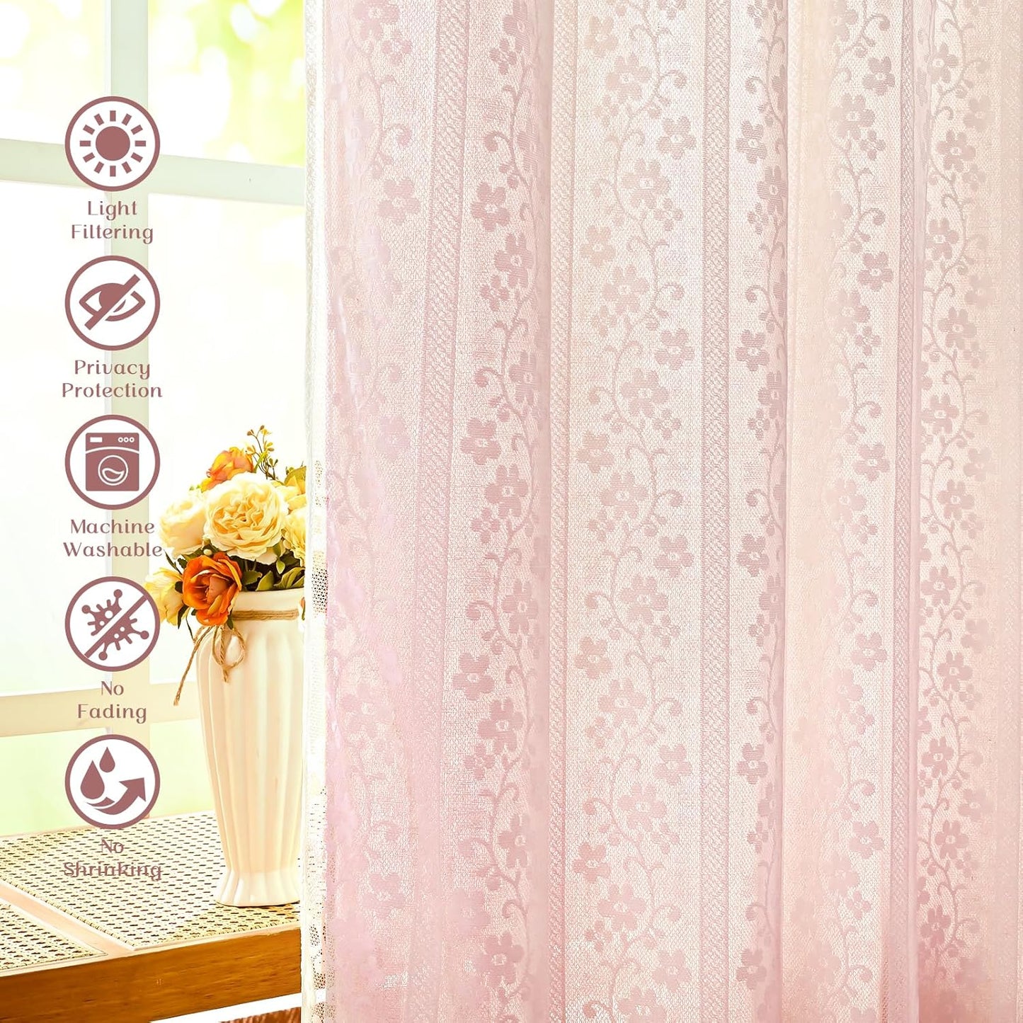 ASPMIZ Linen Pink Kitchen Tier Curtains 36 Inch Length, Double Layered Kitchen Curtain with Linen and Lace, Rod Pocket Window Curtains with Tiebacks, Boho Window Treatments for Bathroom Cafe, 2 Panel