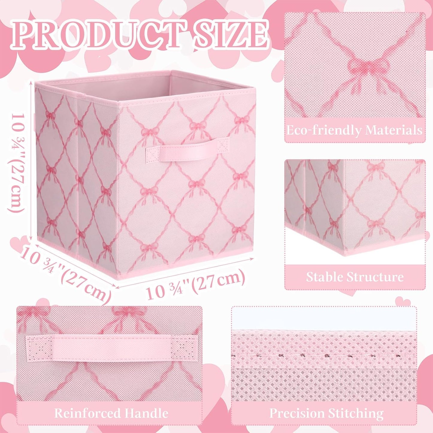 Geelin 6 Pcs Light Pink Bow Cube Storage Bins 11 Inch Storage Basket with Handle, Preppy Girls Organizer Basket, Collapsible Fabric Box for Classroom Bedrooms Office Home Decoration Gift