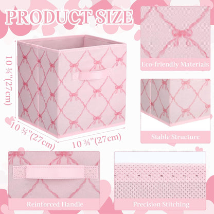 Geelin 6 Pcs Light Pink Bow Cube Storage Bins 11 Inch Storage Basket with Handle, Preppy Girls Organizer Basket, Collapsible Fabric Box for Classroom Bedrooms Office Home Decoration Gift