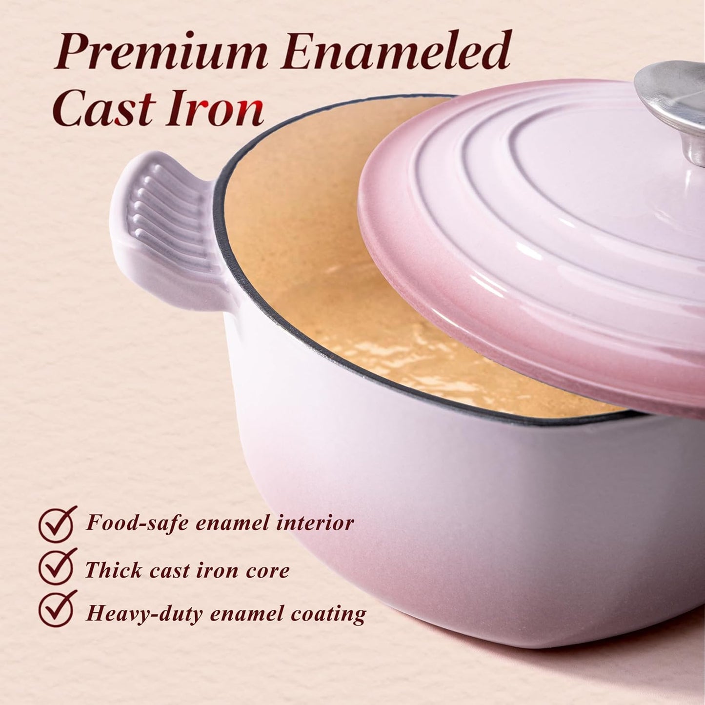 Mabeeze Heart Shaped Dutch Oven Enameled Cast Iron 2 Quart Casserole Pot with Lid Pink Nonstick Oven Safe All Cooktops for Baking Braising Serving Bread Baking