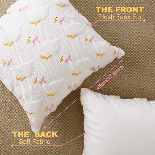 2 Pack Goose Pillow Covers 18 x 18 Inch Pink Bow Goose Embroidery Pillow Cover 3D Jacquard Soft Plush Faux Fur Cushion Case for Home Couch Chair Bed Sofa Room Decor