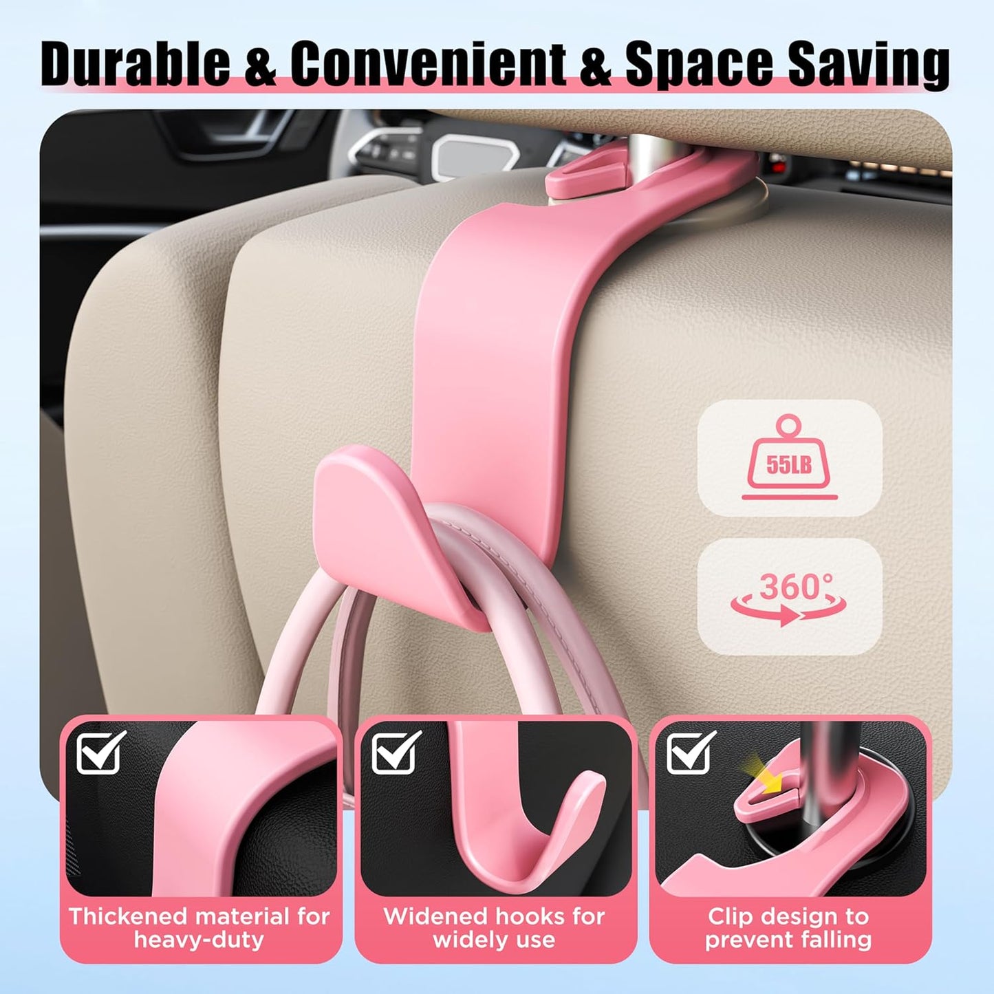 Amooca Car Seat Headrest Hook 4 Pack Hanger Storage Organizer Universal for Handbag Purse Coat Universal fit Vehicle Car Pink with Clip