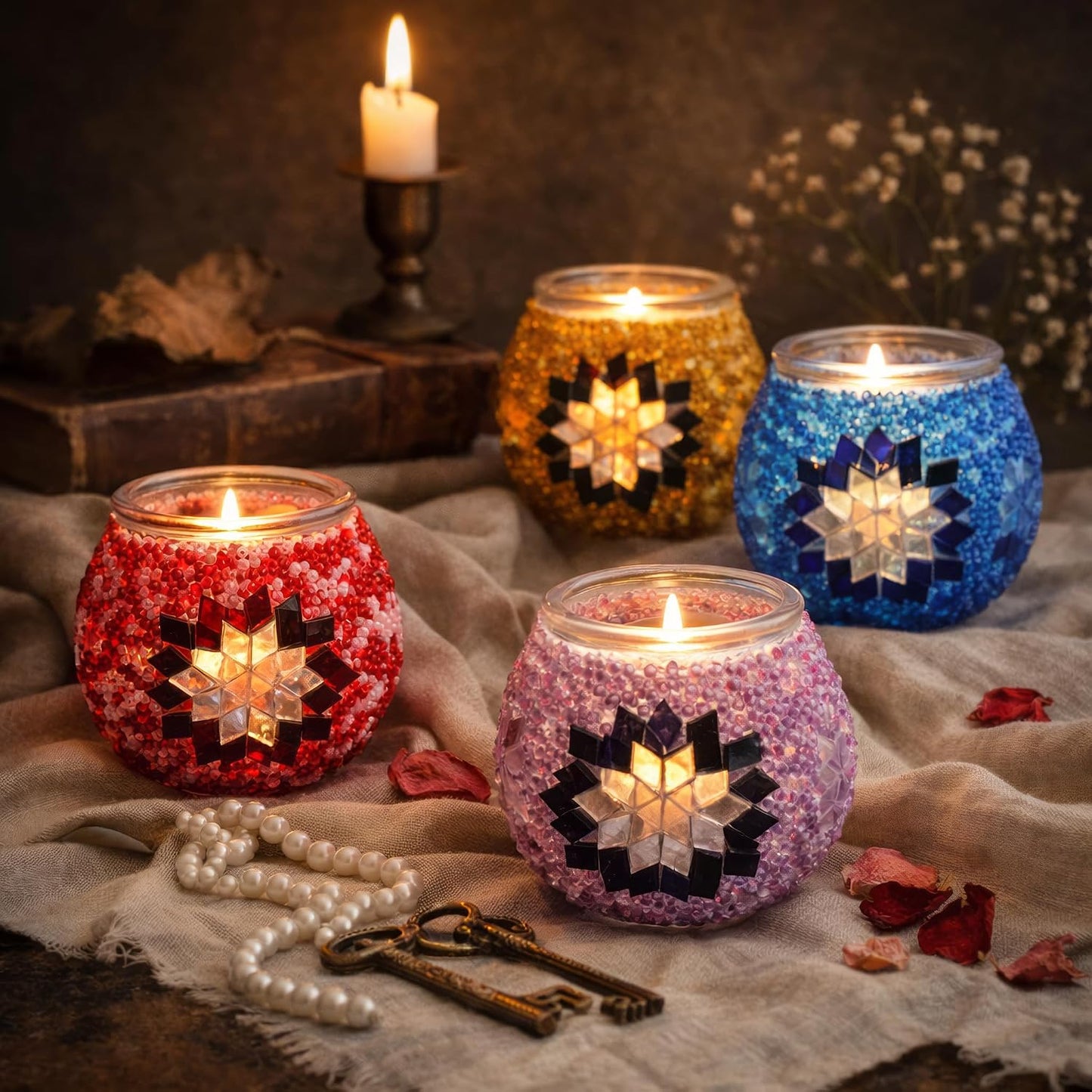 DEMMEX DIY Turkish Mosaic Tealight Candle Holder Kit - Beginner Mosaic Art & Craft Project for Adults and Teens - No Grout or Plaster - 4x4 in. DIY Home Decor & Gift Set, Fun & Easy (Pink)