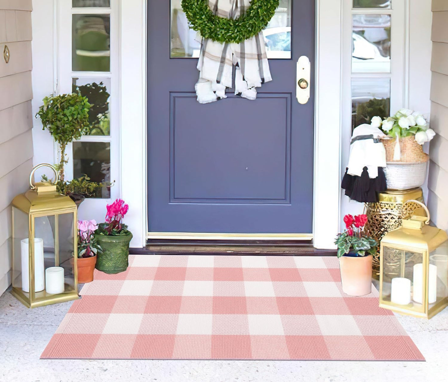 Pink and White Front Door Mat 24''X35'' Buffalo Plaid Checked Front Porch Rug Cotton Woven Washable Rug Layering Doormat for Welcome Door Mat Entryway Dining Room Bedroom Living Room