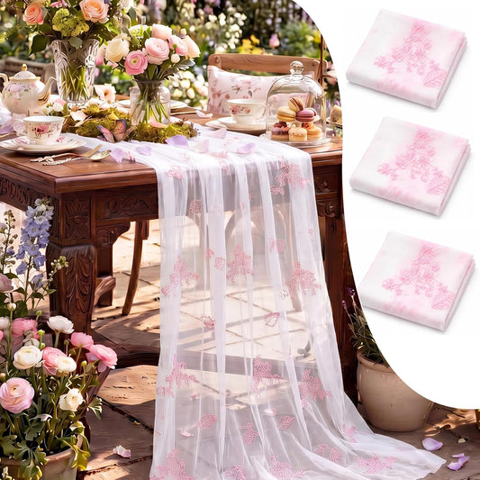 Tranqun 3 Pcs Pink and White Table Runner Floral Embroidered Table Runner Tulle 30 x 120 Inches Flower Sheer Tablecover Chinoiserie Decor Seasonal for Kitchen Dining Party Wedding