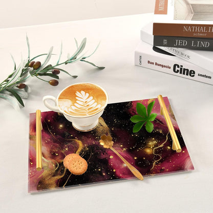 Golden Peach Waves Marble Decorative Plastic Tray with Handles Trays for Serving Food for Jewelry Perfume for Bathroom Dresser Tops