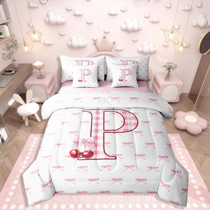 Erosebridal Initial P Letter Bowknot Bed in A Bag Queen 7 Piece Pink Bow Tie Cherry Comforter Set Princess Coquette Decor Bedding Sets for Kids Girls Ribbon Buffalo Checkered Sheet Set with Comforter