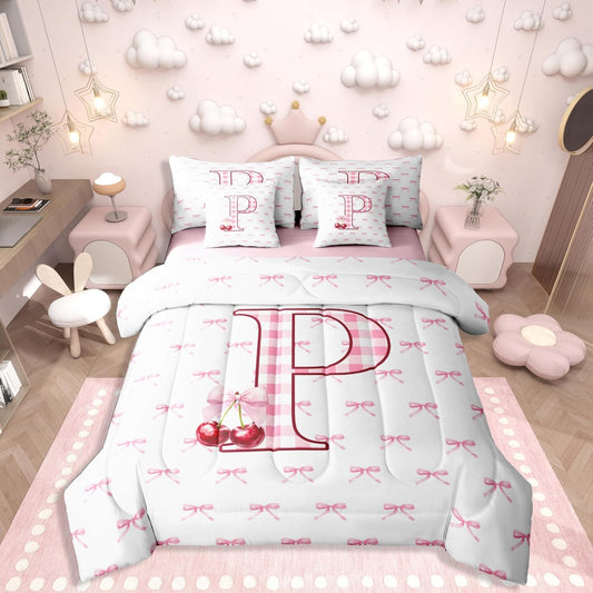 Erosebridal Initial P Letter Bowknot Bed in A Bag Queen 7 Piece Pink Bow Tie Cherry Comforter Set Princess Coquette Decor Bedding Sets for Kids Girls Ribbon Buffalo Checkered Sheet Set with Comforter