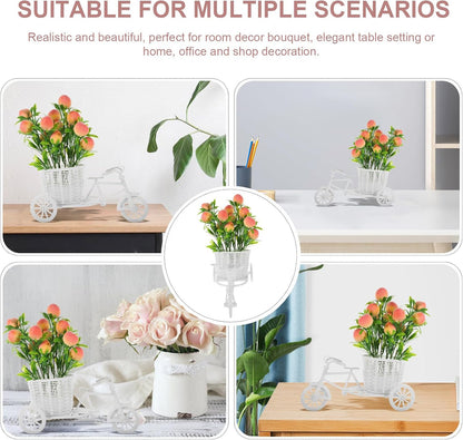 Beaupretty Artificial Peach Flowers and Bike Basket Set, Small Faux Floral Centerpiece with Plastic Pot, Wedding and Party Decor for Table Display