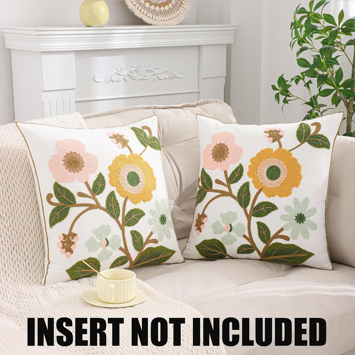 Floral Throw Pillow Covers 18x18 Pack of 2 Pink and Yellow Flower Embroidered Pillow Cover with Green Leaves Farmhouse Pillow Cushion Case Decorative Farm Pillowcases for Summer Fall Autumn