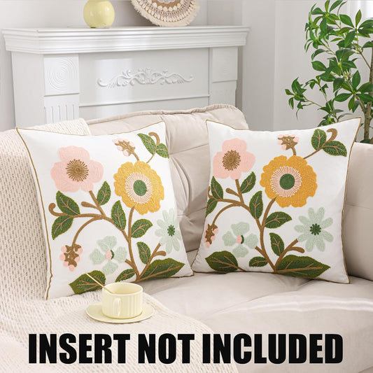 Floral Throw Pillow Covers 18x18 Pack of 2 Pink and Yellow Flower Embroidered Pillow Cover with Green Leaves Farmhouse Pillow Cushion Case Decorative Farm Pillowcases for Summer Fall Autumn