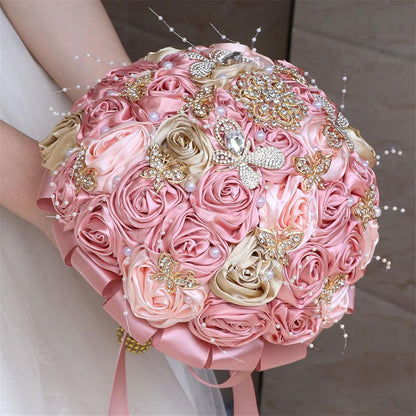 Handmade Rhinestone Bridal Bouquet for Wedding Round Tossing Bouquet Artificial Flower Bunch for Bride Bridesmaid (Champagne+Peach Pink, Small (Dia. 7.5"/18cm))