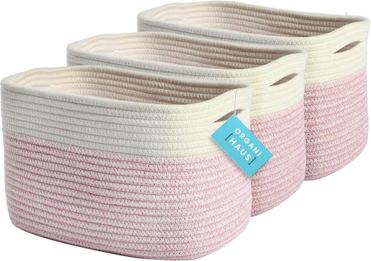 Pink Cotton Rope Baskets for Shelves, Set of 3-15"×10"×9½" - Colorful Storage Baskets for Kids - Nursery, Playroom, Classroom - Toy Storage, Books, Towels