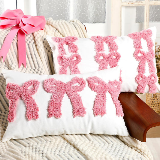 Cinnvoice Set of 2 Pink Bow Pillow Covers Coquette Room Decor Embroidered Pillow Case Aesthetic Soft Fluffy Plush Faux Pillowcase for Galentine Valentines Girly Preppy Room Sofa Couch(20 x 12 Inches)