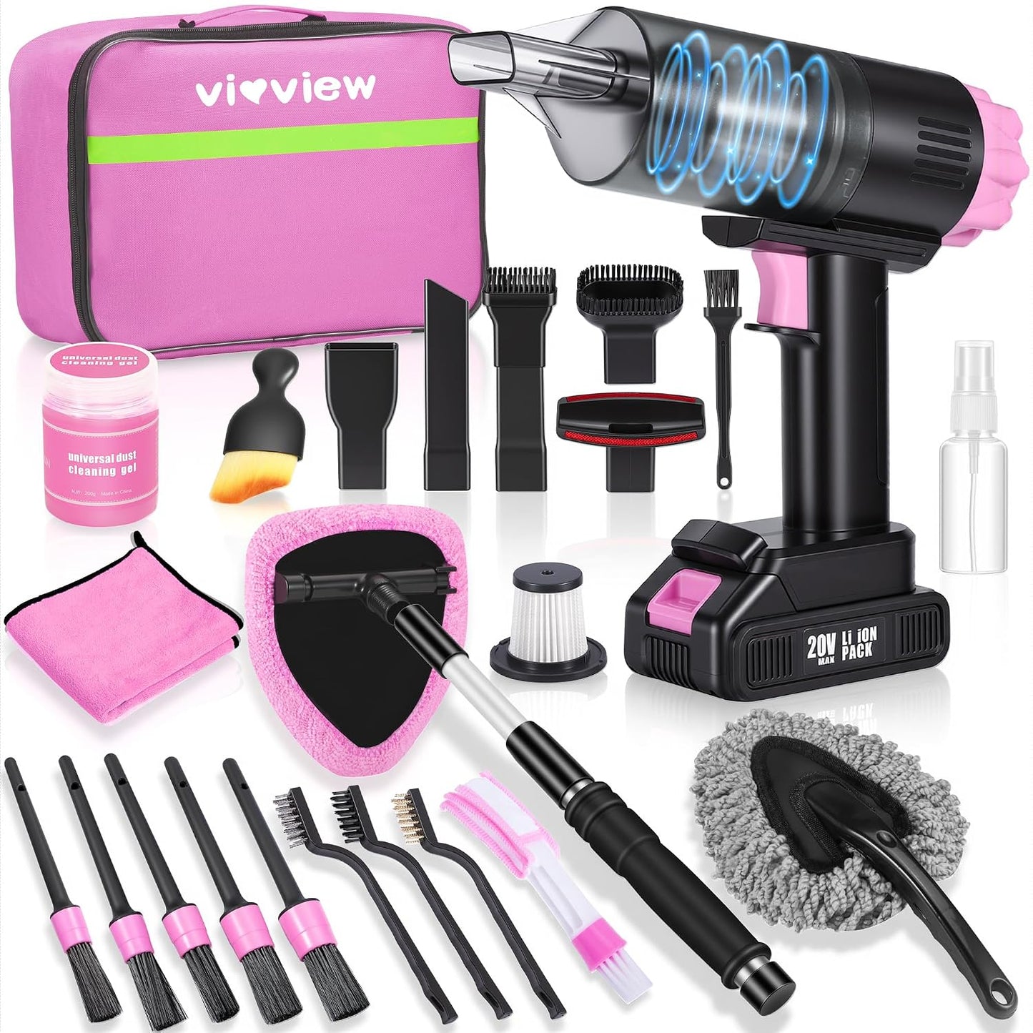 25pcs Car Cleaning Kit, Pink Interior Detailing Kit with High Power Vacuum Portable Cordless, Handheld Vacuum Cleaner for Home, Car, Pet Hair, Keyboard, Complete Auto Accessories for Gift