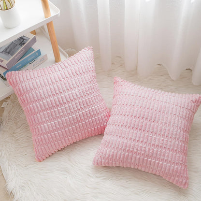Corduroy Decorative Throw Pillow Covers, Boho Stripe Soft Square Cushion Case Home Decor for Living Room Couch Bed Sofa, Set of 2 Pack, Pink, 18x18 Inch