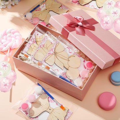Saypacck 24 Pcs Pink Bow Party Favors Wooden Painting Craft Kits Birthday Party Supplies with Organza Bag for Goodie Bags Fillers Adult Thank You Gifts