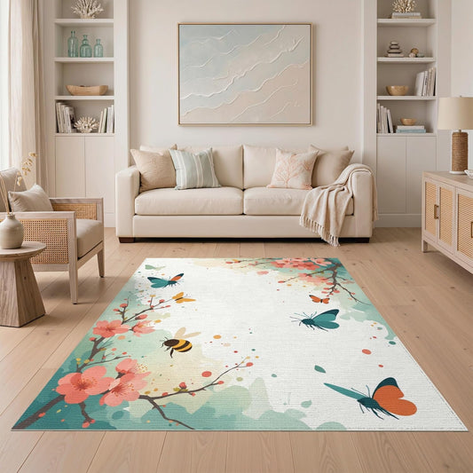 5'x7' Washable Cottagecore Floral Area Rug, Peach Non-Shedding Pet Friendly Carpet Easy Care Kids Safe Mat for Small Living Room, Playroom, Bedroom | Ref:2236956