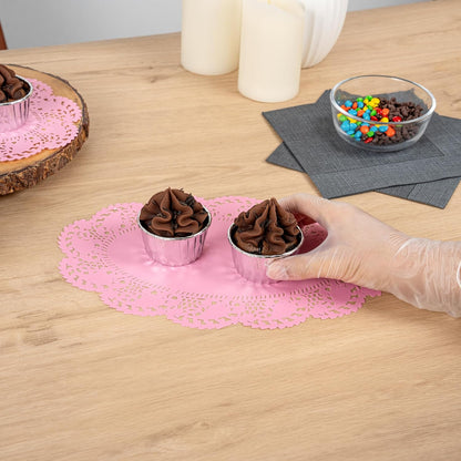 Restaurantware-Pastry Tek 12.5 x 8.5 Inch Paper Lace Doilies, 100 Oval Disposable Table Doilies - Elegant Lace Finish, Long Lasting, Pink Paper Lace Doilies, for Pastries, Cupcakes, Desserts