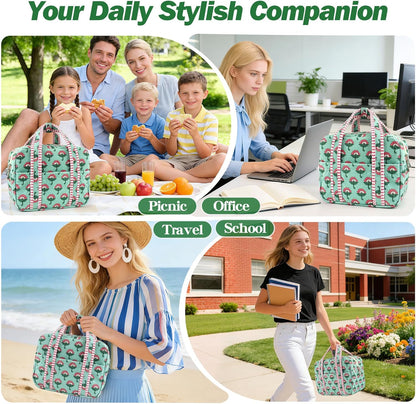 Aesthetic Corduroy Insulated Lunch Bag for Women, Floral Block Print Lunch Box with Pocket, Spacious Boho Reusable Cooler Tote for Work, School, Nurse Gift & Picnic, Leakproof (Pink Green)