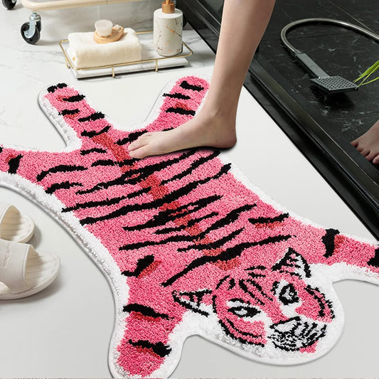 Cute Tiger Shaped Bath Mat for Bathroom, Pink Cartoon Tiger Bathroom Rugs and Mat Non-Slip Animal Shower Rug Carpet Playmat Absorbent Bathtub Rug