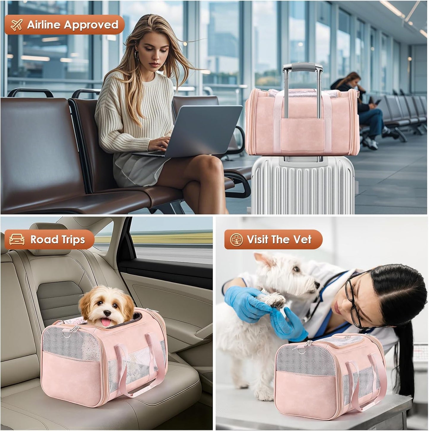 Fashion Leather Dog Carrier, Airline Approved Cat Carrier Soft Sided Pet Bag Carrier Purse for Puppy Kitten Small Animals Pink