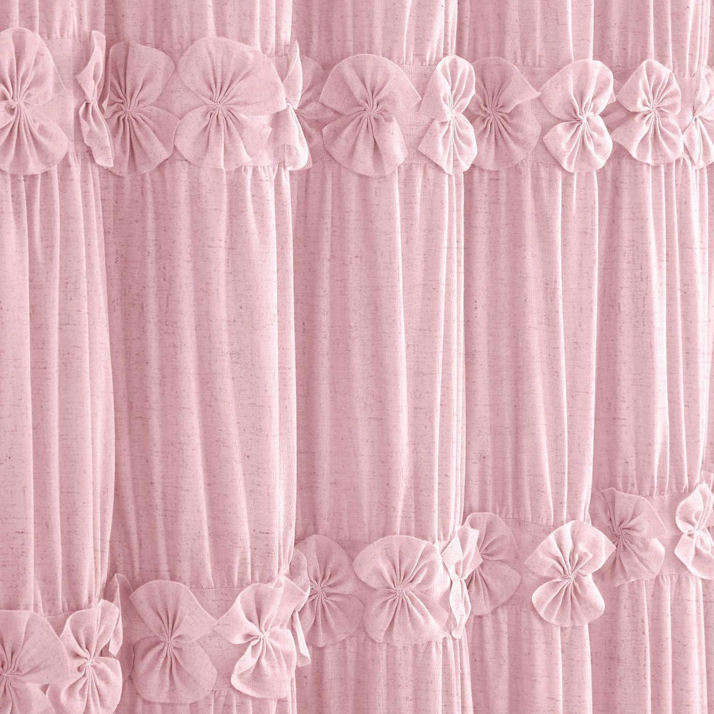 Ruffle Shower Curtain with Handmade Bow Tie, Pink Linen Vintage Farmhouse Shower Curtain for Bathroom, 72" W x 72" H
