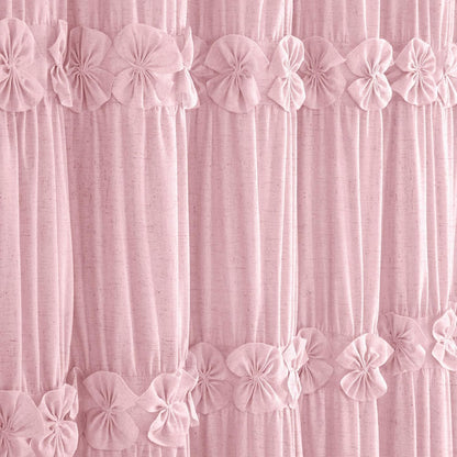 Ruffle Shower Curtain with Handmade Bow Tie, Pink Linen Vintage Farmhouse Shower Curtain for Bathroom, 72" W x 72" H