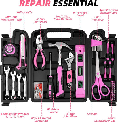 URASISTO 125 PCS Pink Household Tool Set, Pink Ladies Basic House DIY Toolkit Set for Home Garage Office College Dormitory Use, Hand Tool Kits for Women