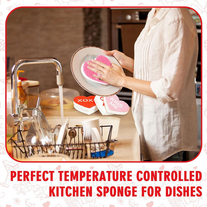 Whaline 8Pcs Valentine’s Day Kitchen Sponges Water Absorbing Dish Washing Sponge Red Pink Conversation Heart Non Scratch Cleaning Scrub Sponges for Holiday Home Kitchen Bathroom