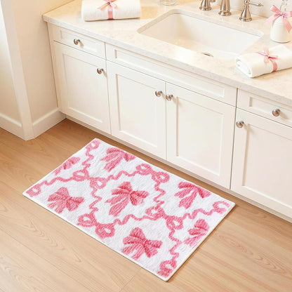 Lindameler Pink Bow Bathroom Rugs Coquette Cute Bath Mat Non Slip Absorbent Bow Bath Mat Washable 16 X 24 inch Bathroom Mats for Front Door, Bedroom, Living Home Decor