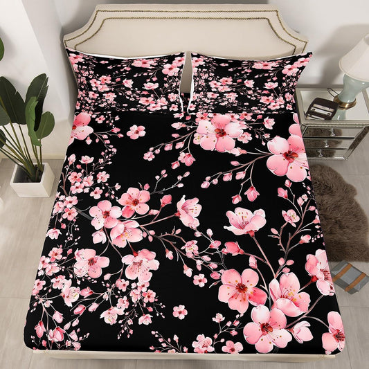 Cherry Blossom Flower Bed Sheets,Pink Watercolor Peach Blossom Decor Sheets Set for Kids Teens Adults,Japaneses Style Rustic Spring Bedding Set with Flat,Fitted Sheet,2 Pillowcases,Queen Size 4 Pcs
