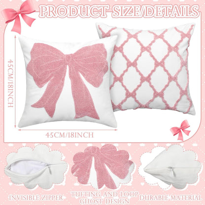 Cinnvoice 2 Pcs Pink Bow Coquette Pillow Covers Embroidered Pillow Cases 18x18 Set of 2 Pink Bow Decorations Embroidery Cushion Covers for Couch Sofa Bedroom Home Decor