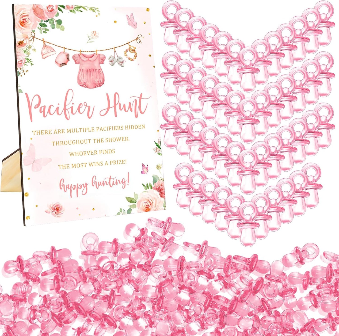 Whaline 51 Pcs Pacifier Hunt Baby Shower Game Include Pink Watercolor Flower Clothes Wooden Sign 50 Pink Plastic Pacifier for Girls Gender Reveal Party Favor Gift Supplies