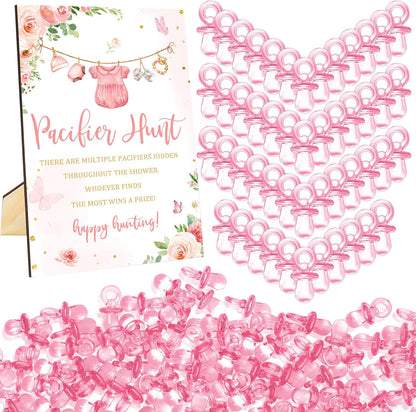 Whaline 51 Pcs Pacifier Hunt Baby Shower Game Include Pink Watercolor Flower Clothes Wooden Sign 50 Pink Plastic Pacifier for Girls Gender Reveal Party Favor Gift Supplies